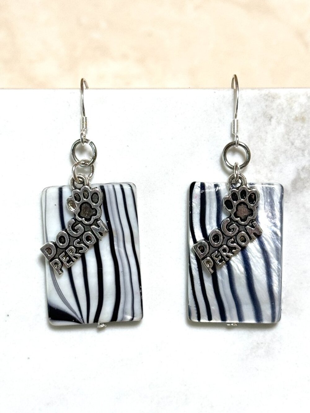 2/$20, Black & White Mother of Pearl Dog Person Dangle Earrings w/ 925 Hooks